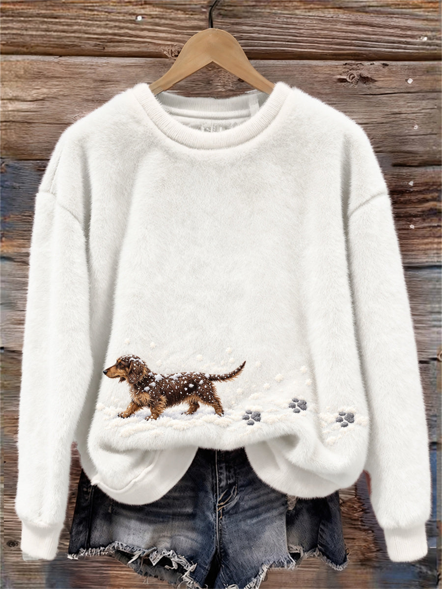 Women's Dachshund Dog in the Snow & Paw Prints Cozy Flannel Sweatshirt