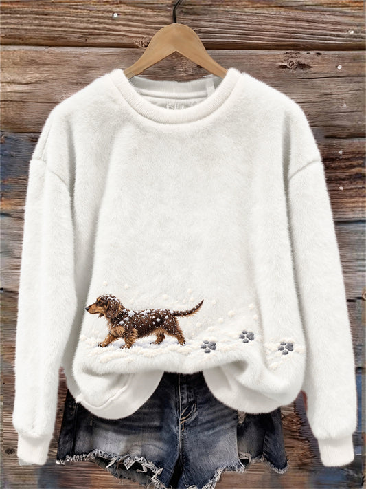 Women's Dachshund Dog in the Snow & Paw Prints Cozy Flannel Sweatshirt
