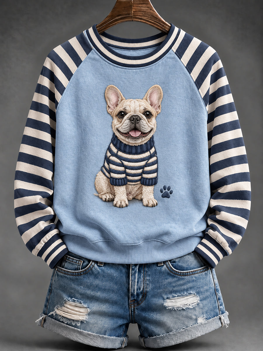 Women's Cute French Bulldog Print Striped Raglan Sleeve Sweatshirt