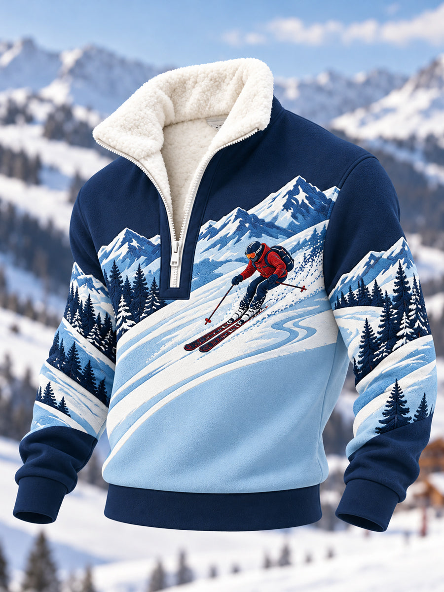 Men's Ski Lovers Ready For Ski Season Casual Plush Zipper Pullover