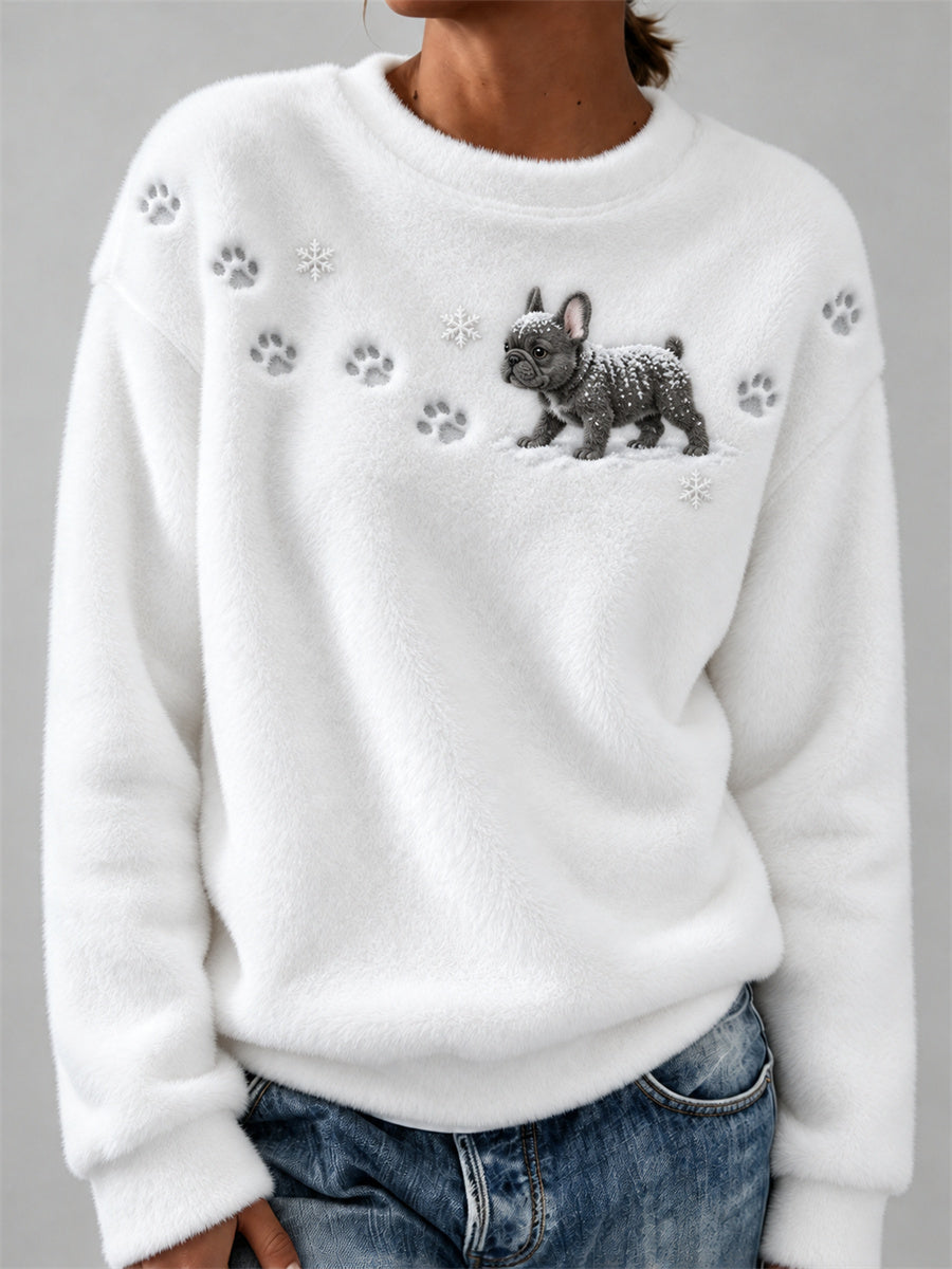 Women's French Bulldog in the Snow Paw Prints & Snowflakes Print Cozy Flannel Sweatshirt