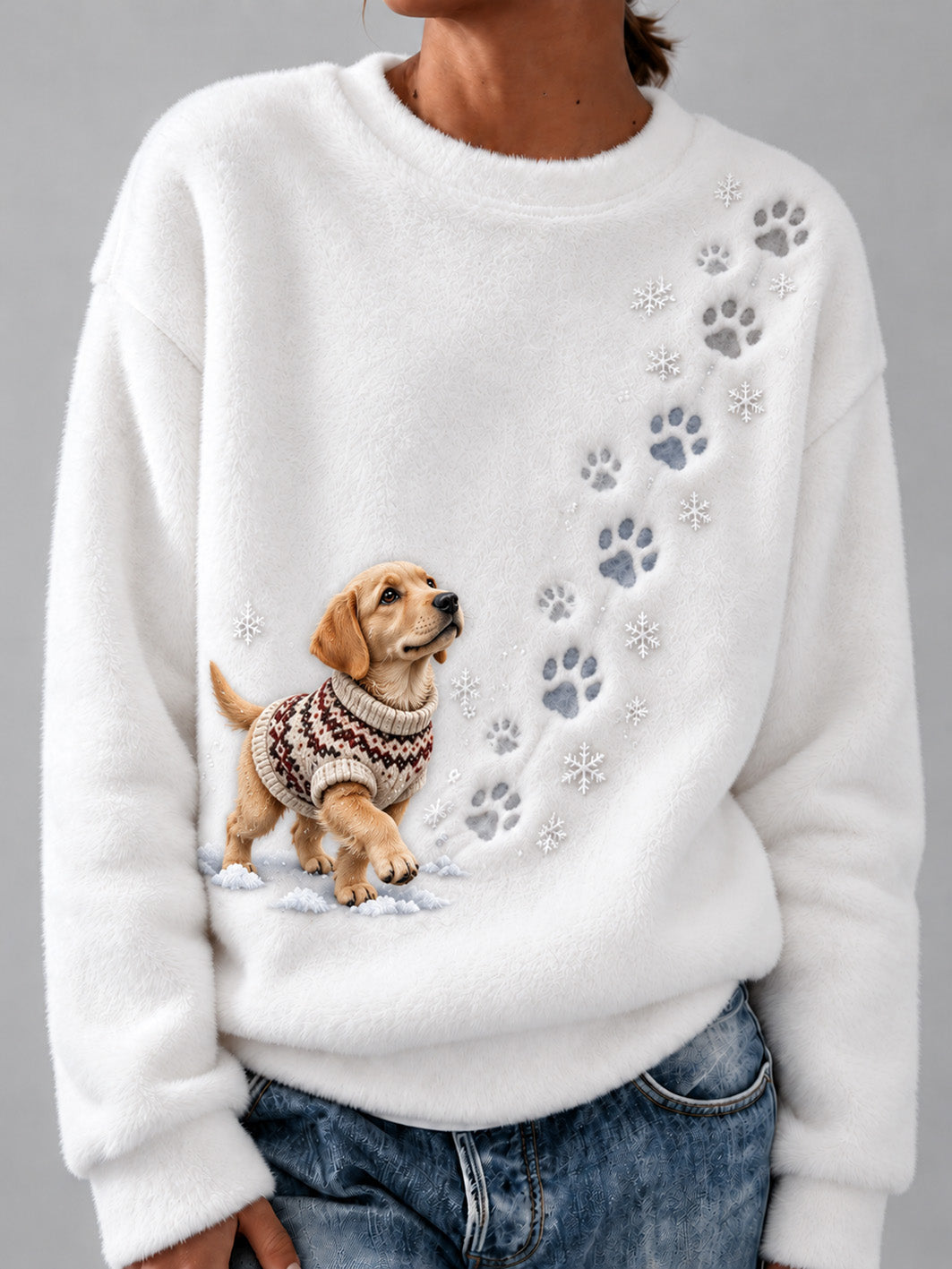 Women's Winter Snowy Labrador Retriever Pattern Casual Flannel Sweatshirt