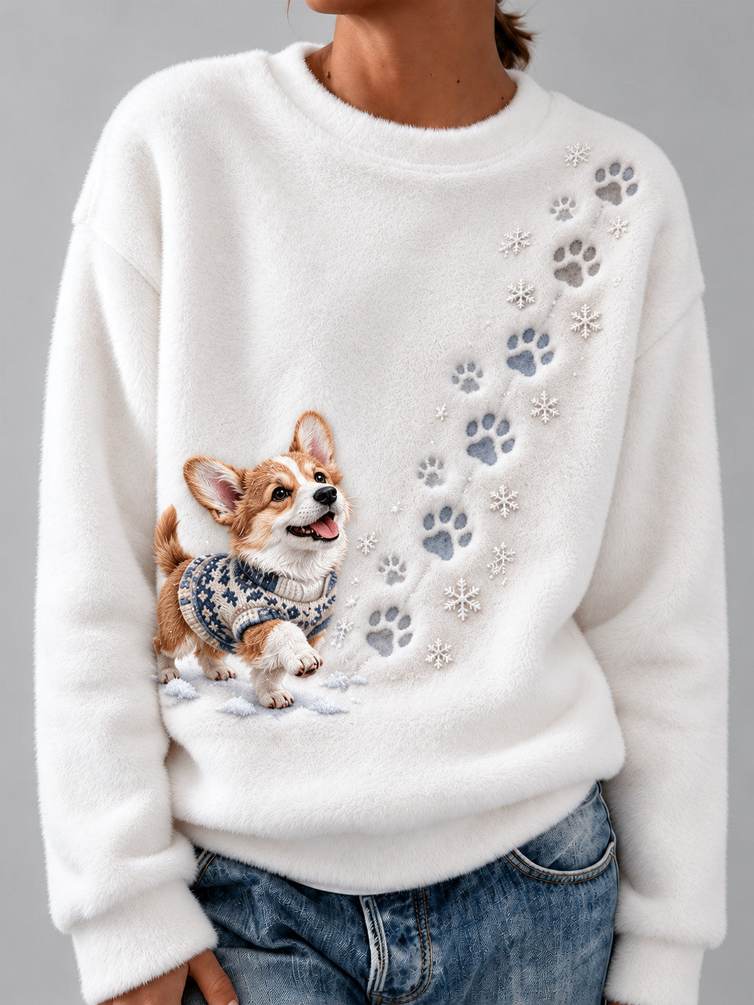 Women's Winter Snowy Corgi Pattern Casual Flannel Sweatshirt