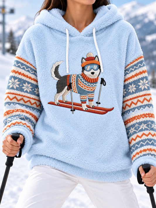 Women's Cute Funny Dog Skiing Print Casual Flannel Hoodie
