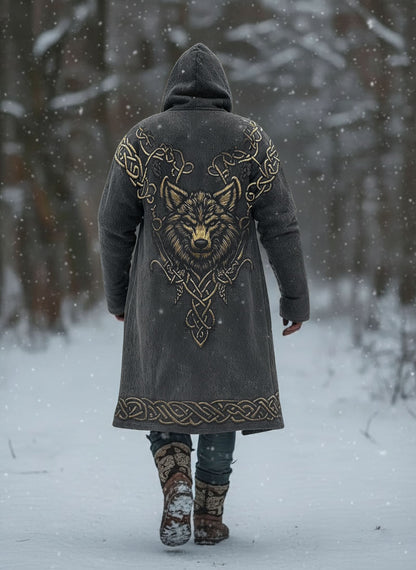 Men's Wolf Totem Dark Vintage Celtic Knot Printed Fleece-Lined Hooded Jacket