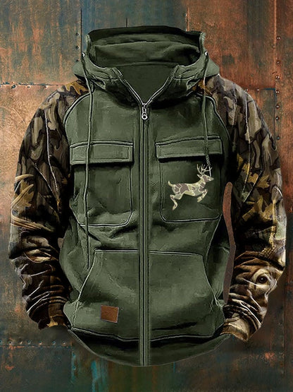 Men's Vintage Western Deer Print Multi-Pocket Jacket