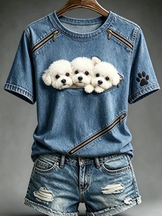 Women's Animal Dog Zipper Printed Vintage Fashion Loose Short Sleeve T-Shirt