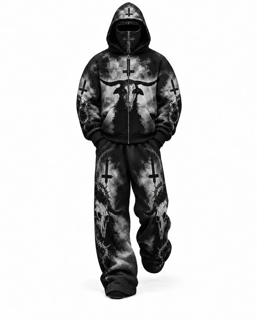 Black Gothic Bull Skull Mask Hoodie Tracksuit Set