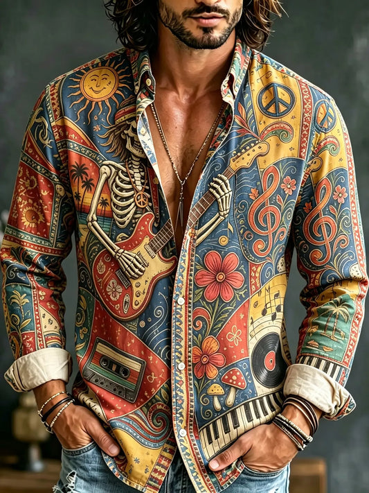Men's Vibrant Patchwork Music Skeleton Floral Art Print Shirt