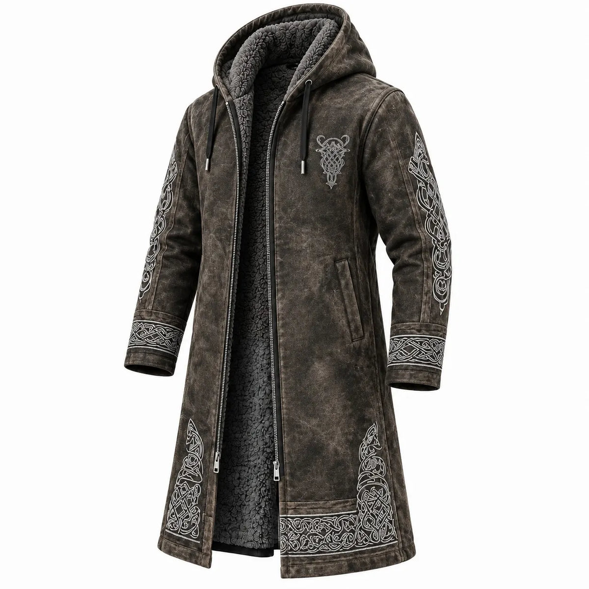 Men's Viking Tribal Totem Vintage Washed Print Fleece-Lined Hooded Jacket