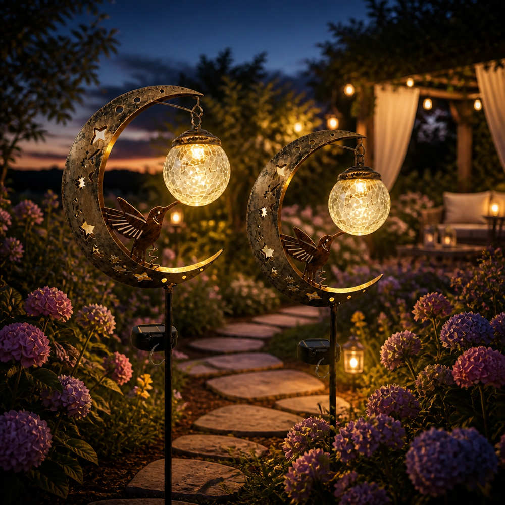 Two hummingbird moon solar lights glowing along a garden path