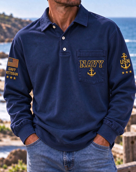 Men's Veteran Commemorative Print Long-Sleeve Polo Shirt