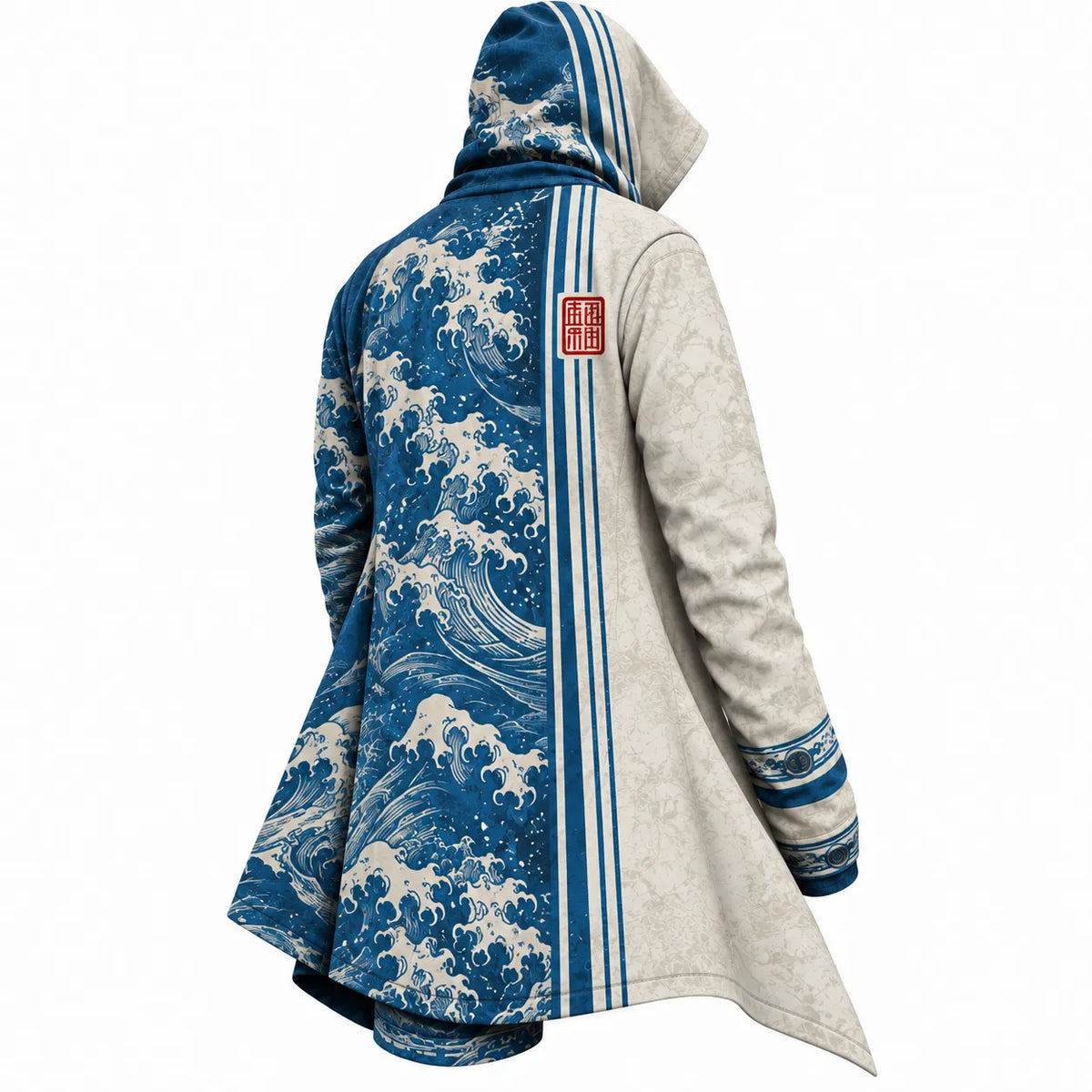 Blue White Japanese Wave Zip-Up Hooded Jacket