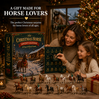 Mother and daughter opening the horse advent calendar at Christmas