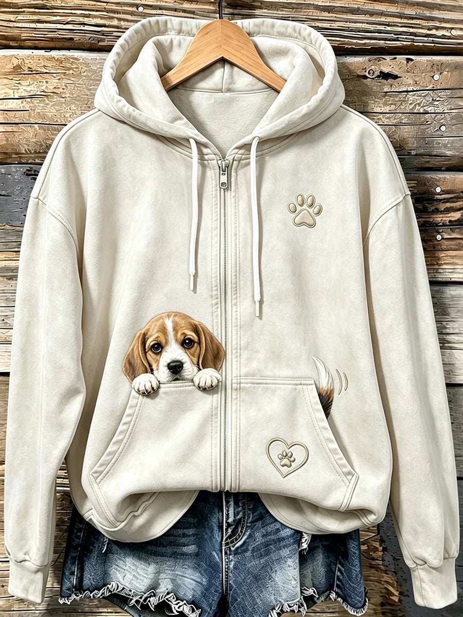 Women's Cute Peeking Beagle & Paw Print Cozy Zip-Up Hoodie