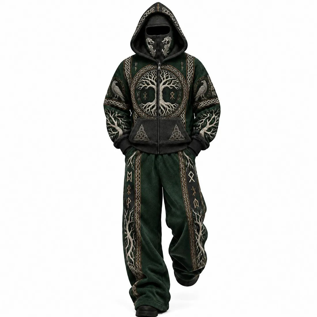 Dark Green Viking Tree Mask Hoodie Set