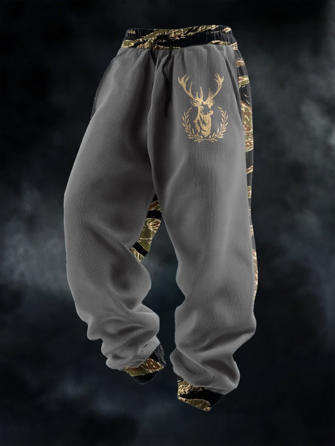 Men's Casual Waffle Camouflage Elk Pattern Sweatpants