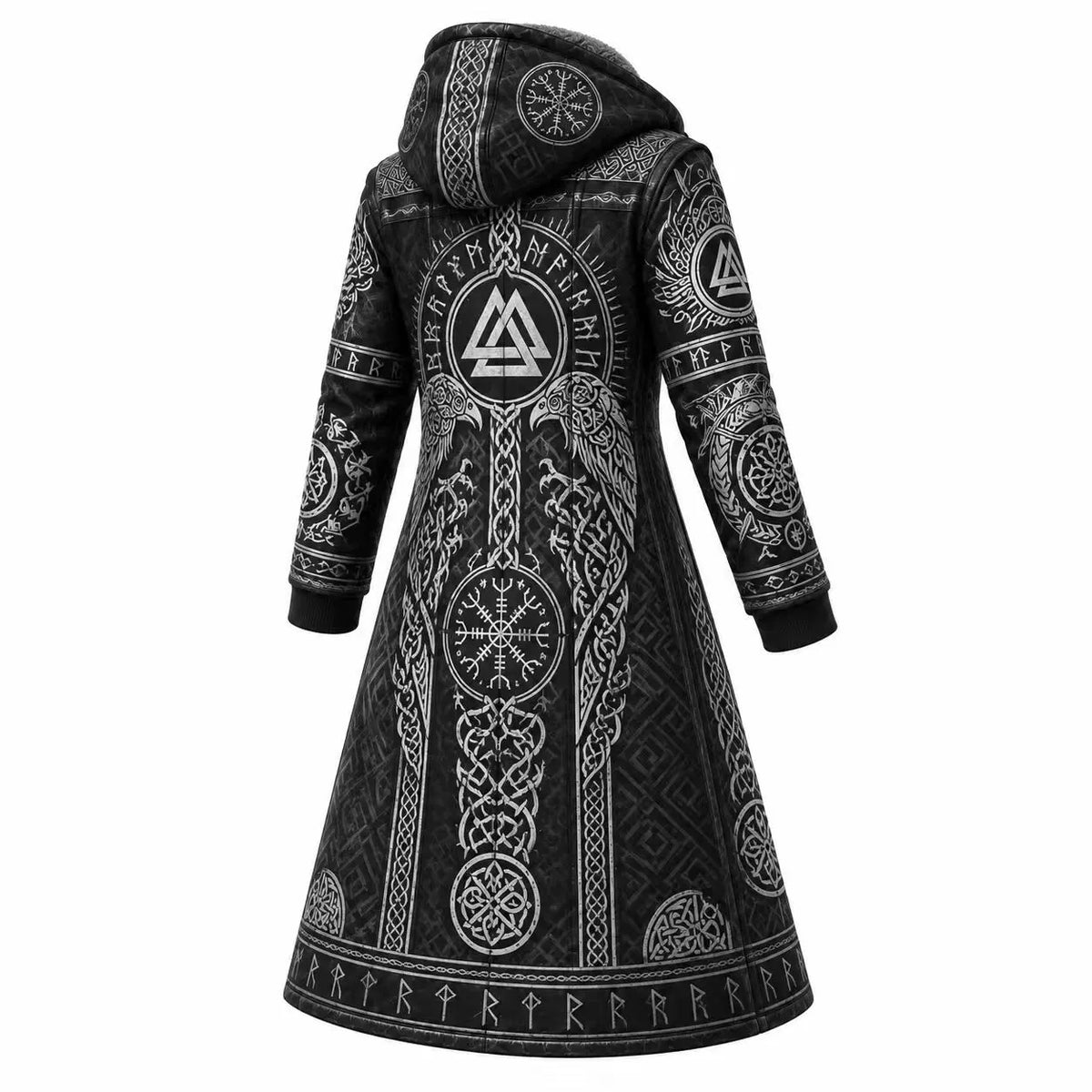 Black Gray Dragon Print Longline Hooded Fleece Coat