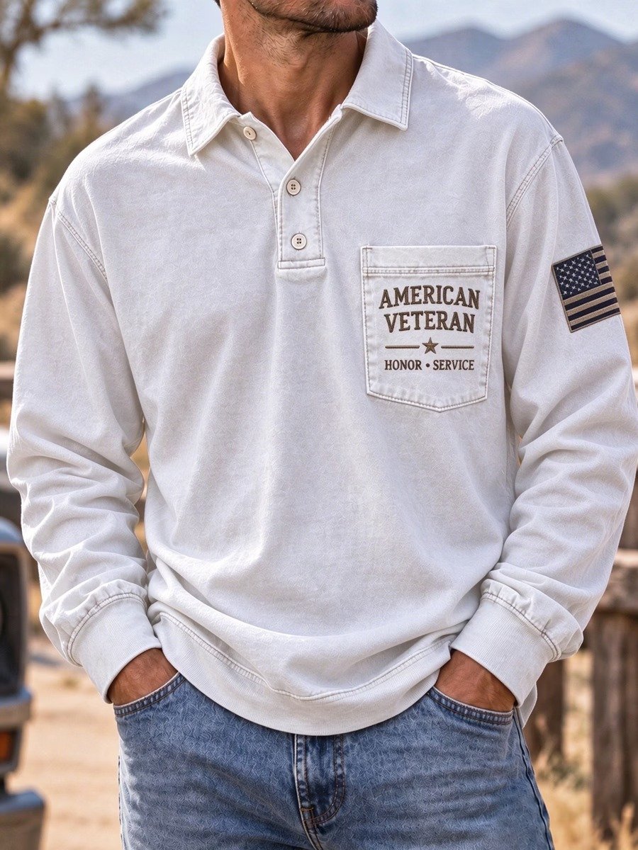 Men's Veteran Commemorative Print Long-Sleeve Polo Shirt