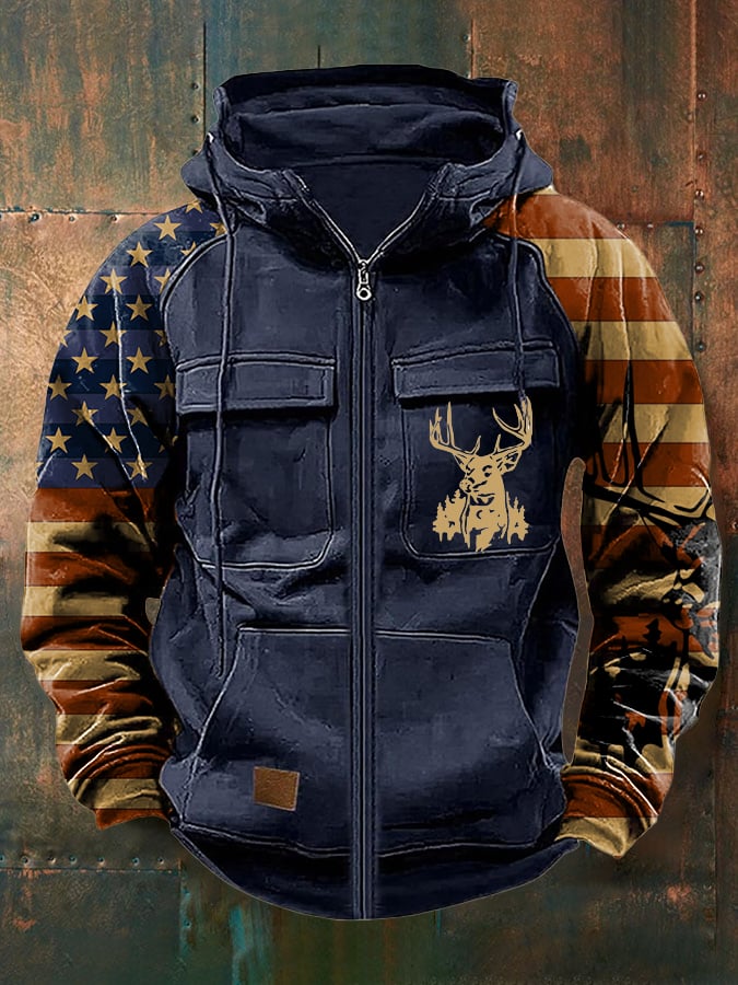Men's Vintage Western Deer Print Multi-Pocket Jacket