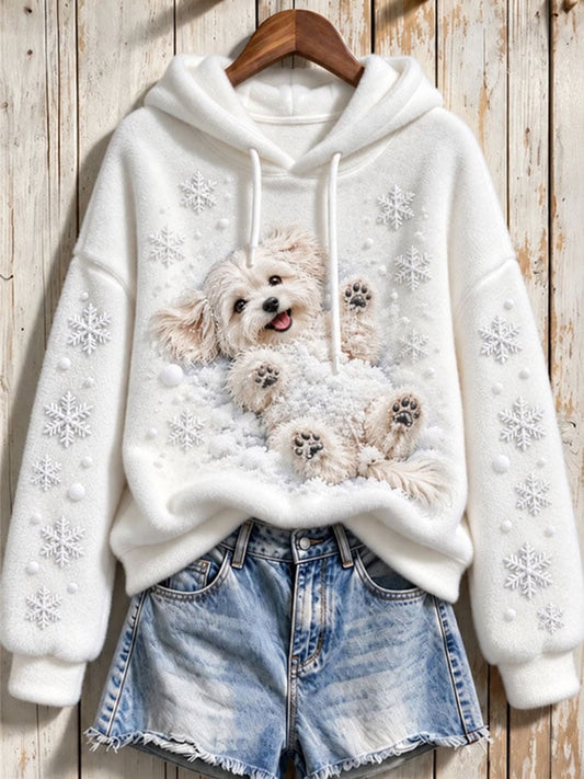 Women's Casual Long-Sleeve Sweatshirt with Christmas Snow and Dog Print
