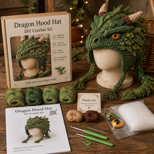Dragon Hood Hat DIY Crochet Kit with green yarn, tools and accessories