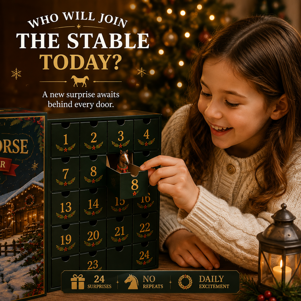 Child discovering a horse figure behind a numbered advent calendar door
