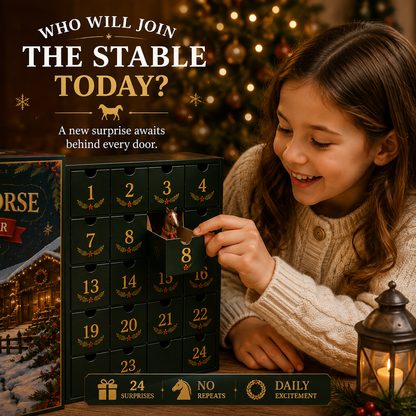 Child discovering a horse figure behind a numbered advent calendar door
