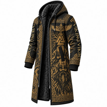 Black Gold Norse Symbol Print Longline Hooded Fleece Coat