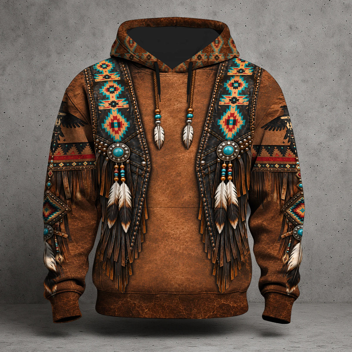 3D Hoodie Native American Faux Leather Vest Hoodie, Southwestern Tribal Eagle Feather Graphic