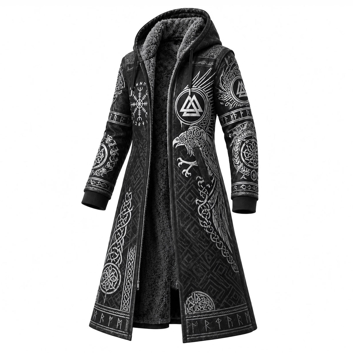 Black Gray Dragon Print Longline Hooded Fleece Coat