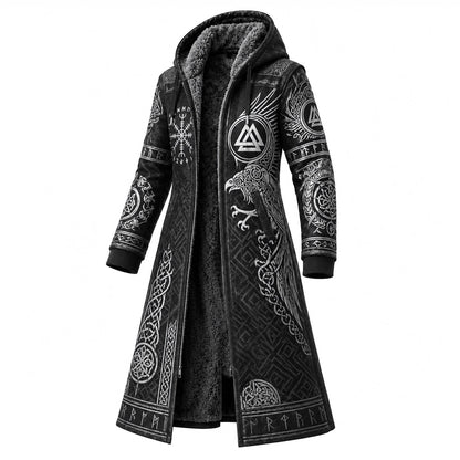 Black Gray Dragon Print Longline Hooded Fleece Coat