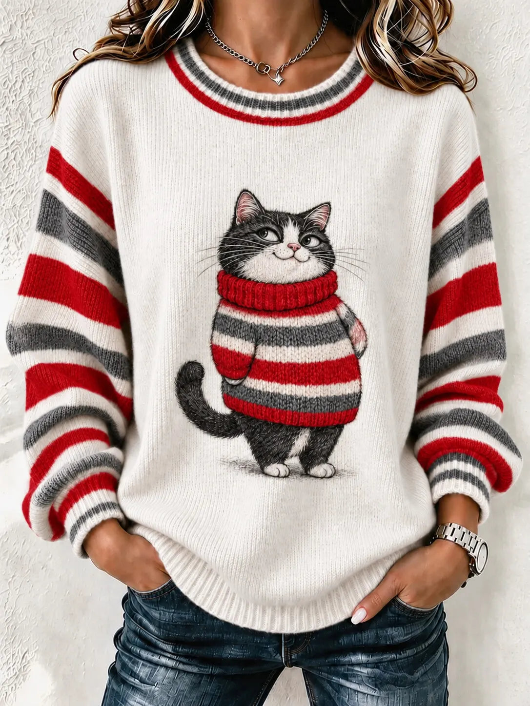 Women's Striped Cute Cat In Turtleneck Print Knit Sweater