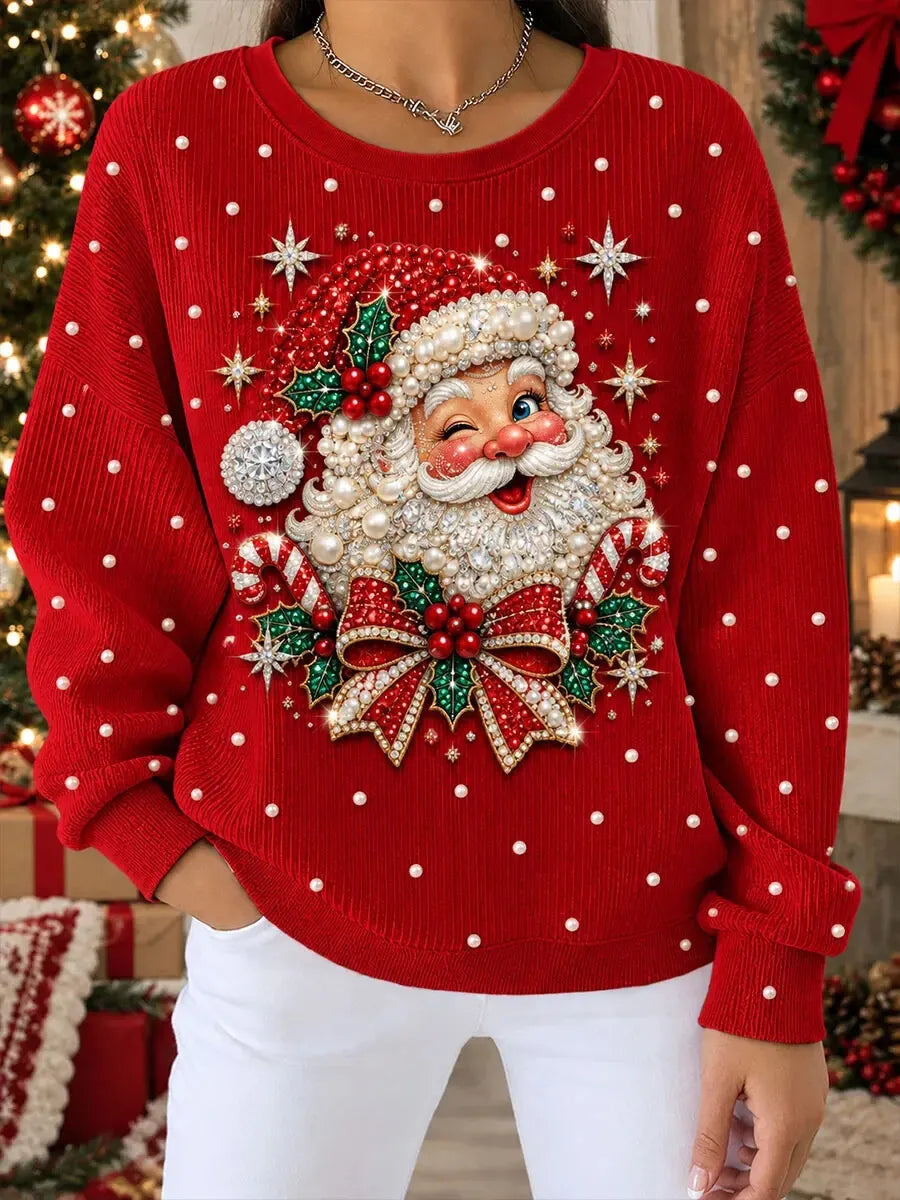 Women's Pearl and Rhinestone Santa Claus Print Christmas Ribbed Sweatshirt