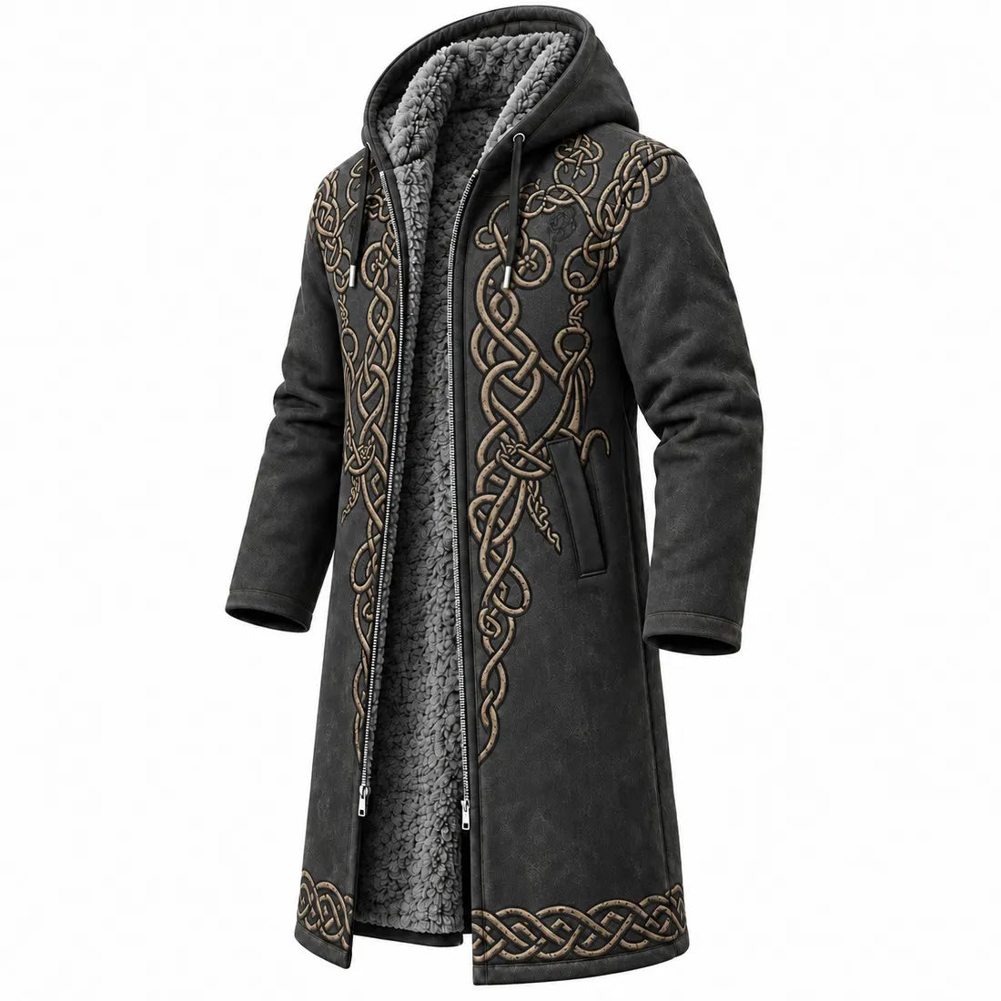 Black Viking Gold Knotwork Fleece-Lined Long Coat