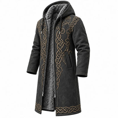 Black Viking Gold Knotwork Fleece-Lined Long Coat