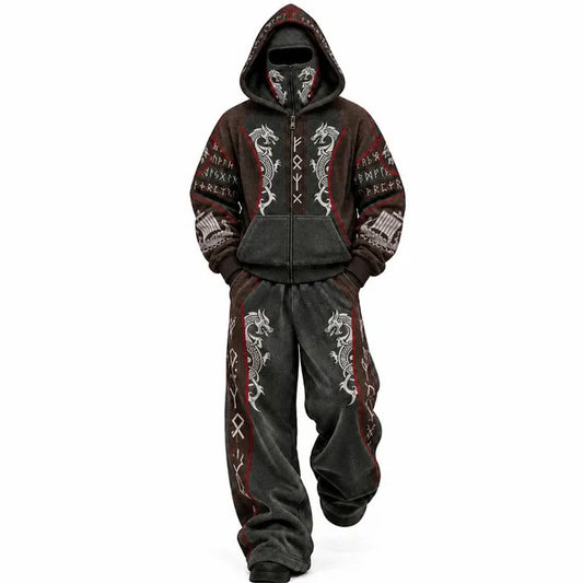 Brown Viking Dragon Rune Mask Hoodie Tracksuit Set
