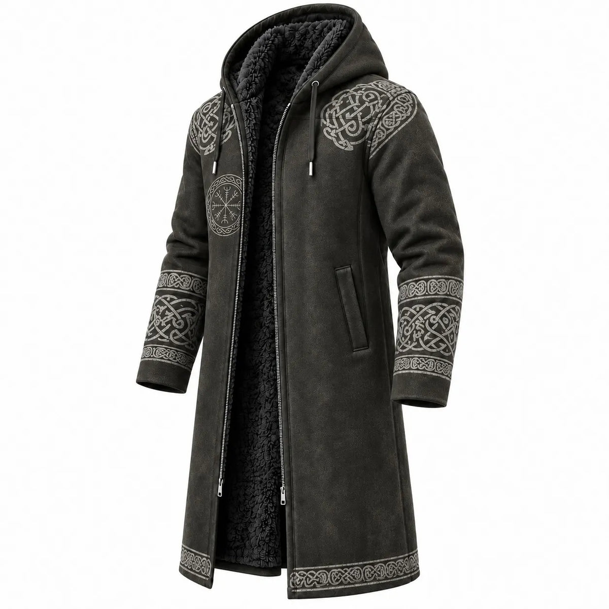 Men's Viking Raven Fleece-Lined Hooded Jacket - Gray Vintage Print