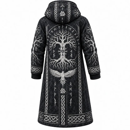 Black Viking Tree Raven Fleece-Lined Long Coat