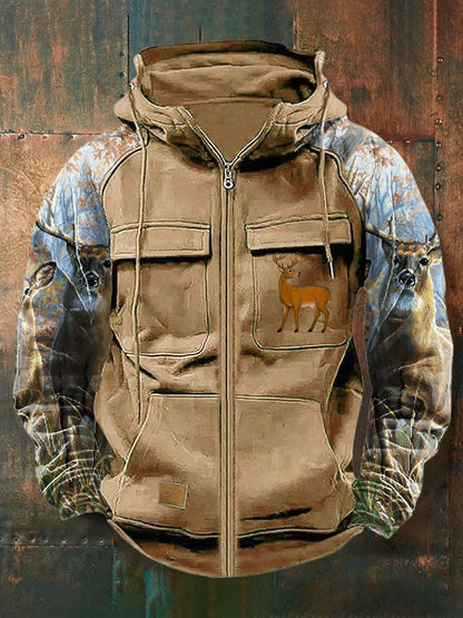 Men's Vintage Western Deer Print Multi-Pocket Jacket