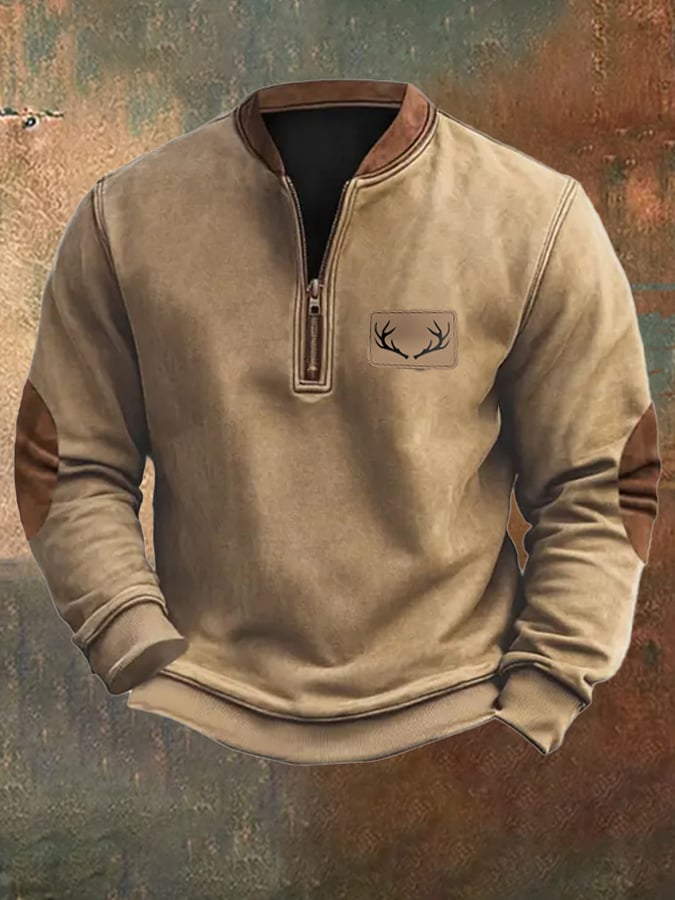 Men's Fleece Vintage Western Antler Hunting Enthusiast Stand Zipper Sweatshirt