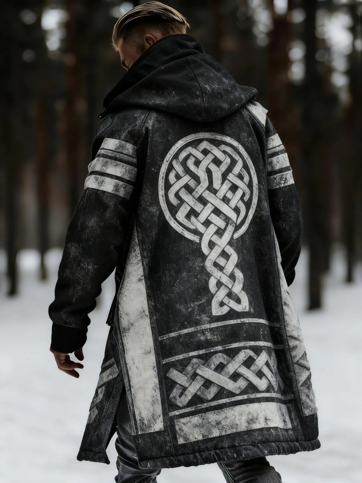 Men's Viking Rune Totem Printed Fleece-Lined Hooded Jacket