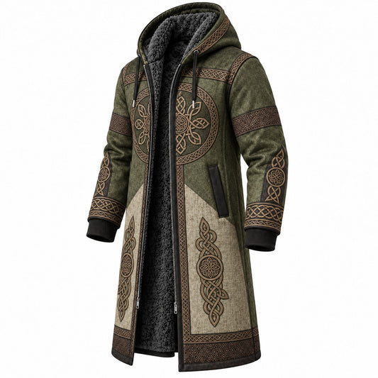 Olive Green Beige Nordic Pattern Longline Hooded Fleece Coat