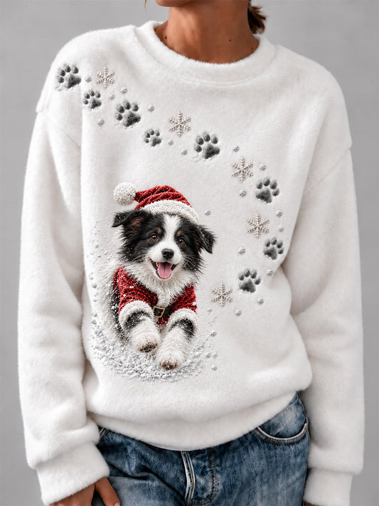 Women’s Cute Christmas Border Collie-Print Cozy Flannel Sweatshirt