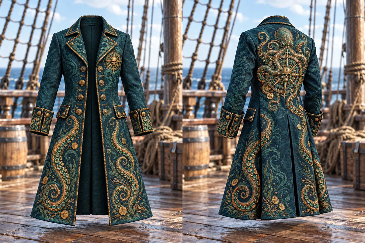 🐙 Men's Kraken Tentacles & Skull Compass Pirate Coat
