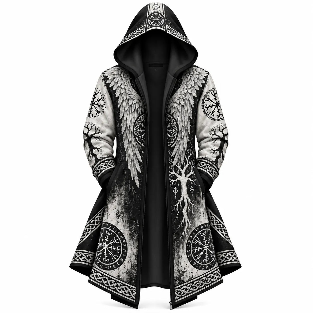 Black White Viking Winged Tree Zip-Up Hooded Jacket