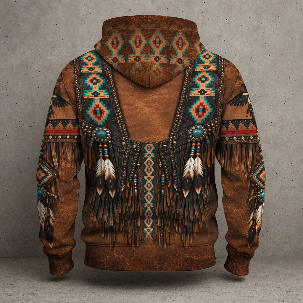 3D Hoodie Native American Faux Leather Vest Hoodie, Southwestern Tribal Eagle Feather Graphic