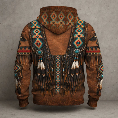 3D Hoodie Native American Faux Leather Vest Hoodie, Southwestern Tribal Eagle Feather Graphic