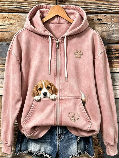 Women's Cute Peeking Beagle & Paw Print Cozy Zip-Up Hoodie