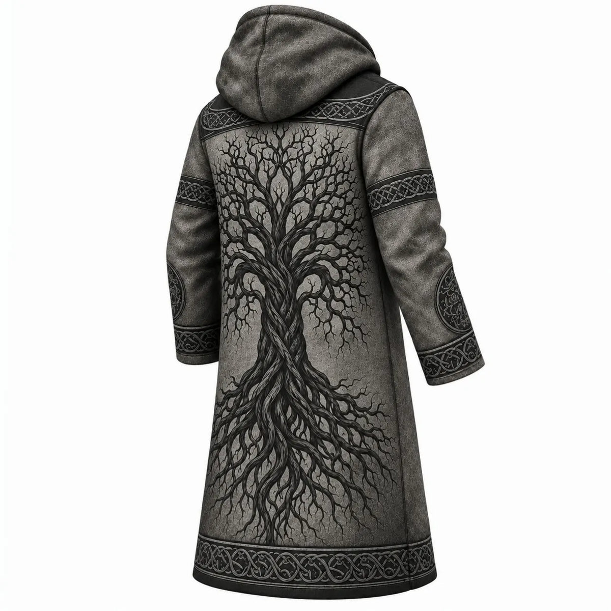 Black Gray Tree Print Longline Hooded Fleece Coat